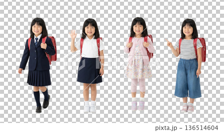 同一人物の小学生女の子 4ポーズ全身切り抜きセット 透過PNG 10代以下 ランドセル スーツ カジ 136514604
