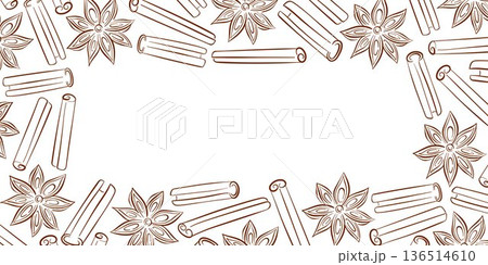 Decorative border pattern with cinnamon sticks and star anise in line art style. Illustration on white background for spice packaging, menu design, holiday card and culinary branding. Decorative border pattern with cinnamon sticks and star anise in line art style. Illustration on white background for spice packaging, menu design, holiday card and culinary branding. 136514610