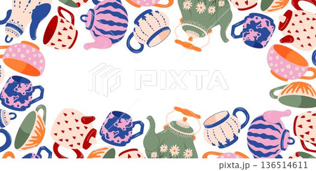 Pattern with vintage teapot, cup and mug in flat style. Decorative illustration for kitchen wallpaper, textile and packaging. 136514611