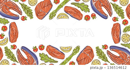 Seafood border with salmon steak, asparagus, lemon and herbs in flat style. Food background on white for menu, recipe book and culinary design. Seafood border with salmon steak, asparagus, lemon and herbs in flat style. Food background on white for menu, recipe book and culinary design. 136514612