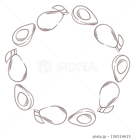 Whole and cut in half avocado wreath in line art style. Design for vegan package and grocery food store. Whole and cut in half avocado wreath in line art style. Design for vegan package and grocery food store. 136514615