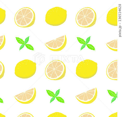 レモンの輪切りとミントのパターン背景イラスト フレッシュな断面の総柄素材 136514628
