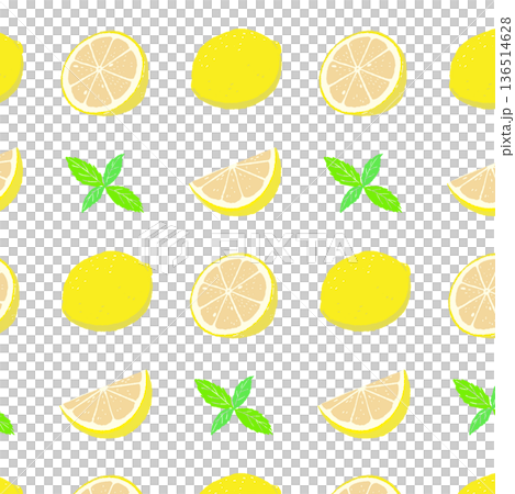 レモンの輪切りとミントのパターン背景イラスト フレッシュな断面の総柄素材 136514628
