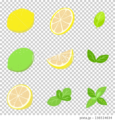 一組黃色和綠色檸檬以及薄荷的插圖，還有青檸和藍色檸檬的變體。 136514634