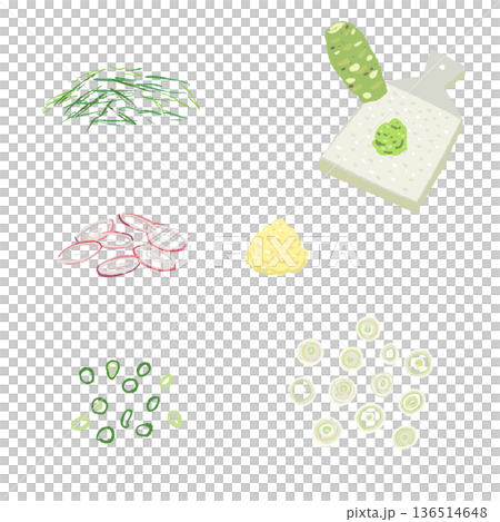 刻みネギと薬味のセットイラスト そばやうどんに合うトッピング素材 刻みネギと薬味のセットイラスト そばやうどんに合うトッピング素材 136514648