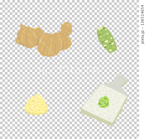 薑和芥末調味品套裝圖示：薑末和整顆薑的對比 136514654