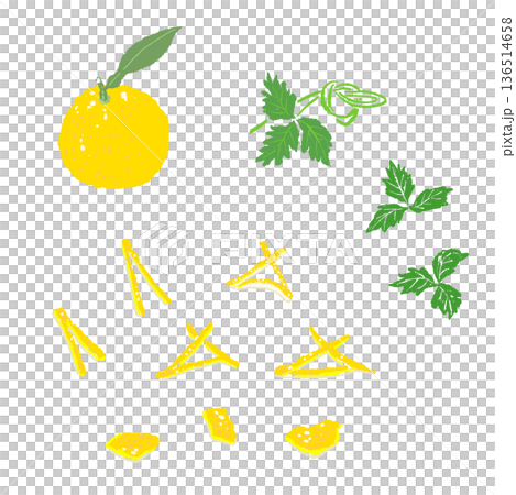 柚子皮と三つ葉の薬味セットイラスト 彩りと香りの和風トッピング 136514658