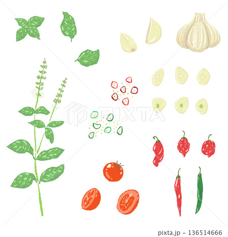 料理用ハーブとスパイスのセットイラスト ニンニク・唐辛子・ミントの詰め合わせ 136514666