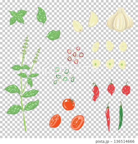 料理用ハーブとスパイスのセットイラスト ニンニク・唐辛子・ミントの詰め合わせ 136514666