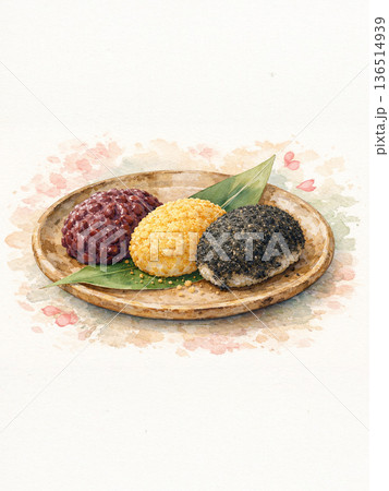 春の和菓子・ぼたもち三種盛り 136514939