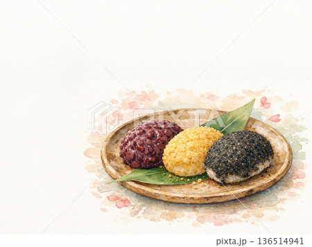 和風背景とぼたもちの手描き風アート 136514941