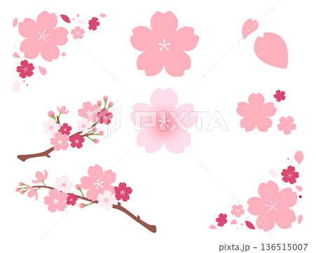 ゆるい雰囲気のシンプルな桜＿イラスト素材セット 136515007