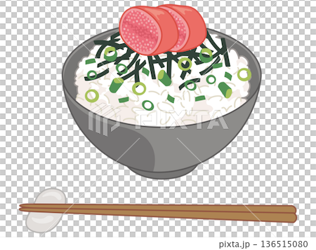 明太子と海苔と青ねぎのご飯のイラスト（お箸と箸置きの追加） 136515080