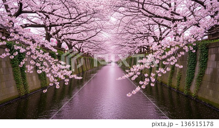 桜並木と川に映る春の景色 136515178