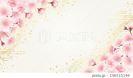 桜の花フレームとシルク布背景素材 136515194