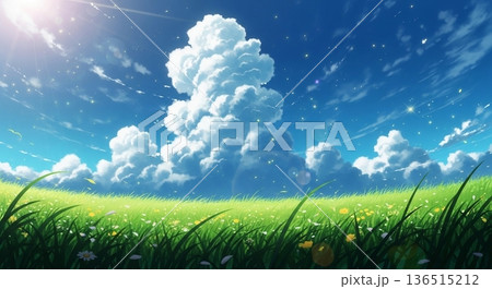 青空と草原の爽やかな風景イラスト 青空と草原の爽やかな風景イラスト 136515212