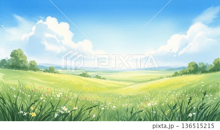 青空と草原が広がる春の風景イラスト 青空と草原が広がる春の風景イラスト 136515215