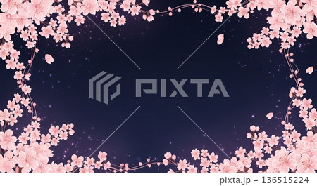 夜空に輝く桜の花フレーム背景素材 136515224