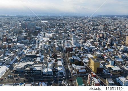 北海道帯広市の冬の市街地俯瞰風景 136515304