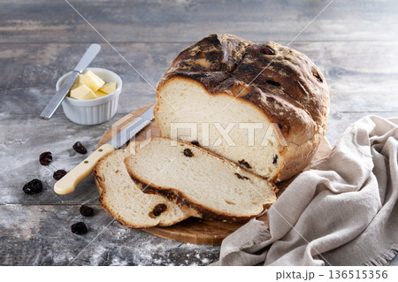 Traditional Irish soda bread with raisins, freshly baked Traditional Irish soda bread with raisins, freshly baked 136515356