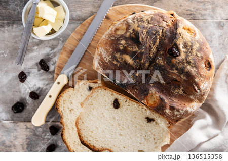 Traditional Irish soda bread with raisins, freshly baked Traditional Irish soda bread with raisins, freshly baked 136515358