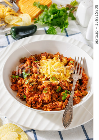 Texas hash of beef pepper onion tomato and rice Texas hash of beef pepper onion tomato and rice 136515808