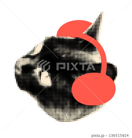 Christmas art collage clipart. Funny halftone cut out cat head portrait in red earmuffs. Vintage dotted sticker, Modern retro grunge mixed media vector illustration on transparent background 136515924