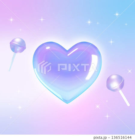 Glossy 3D holographic heart and lollipops on purple gradient background 136516144