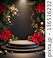 Christmas podium background with red poinsettia flowers, golden ornaments and pine branches for product display, copy space 136516232