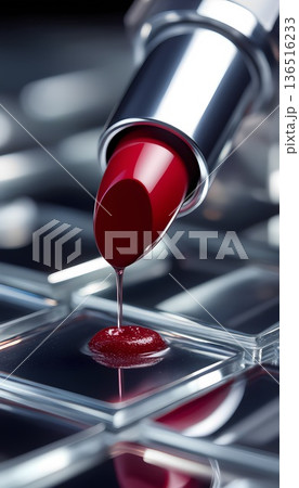 Macro shot of a vibrant red lipstick with liquid pigment dripping onto a reflective glass tile grid. 136516233