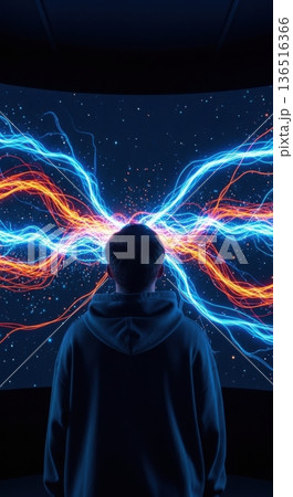 Abstract Blue and Orange Light Trails on Dark Background 136516366