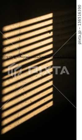 Sunlight Rays Through Blinds Casting Shadows on Dark Wall 136516390