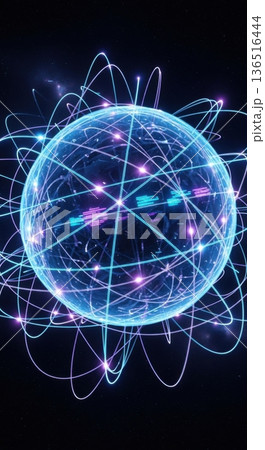 Global Digital Network Sphere with Blue Light Trails 3D Concept 136516444