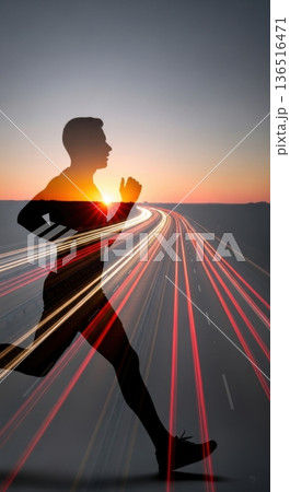Double Exposure Runner Silhouette Motion Highway Portrait 136516471