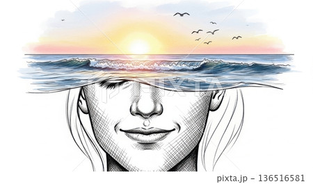 Double Exposure Peaceful Ocean Sunrise Relaxed Portrait Double Exposure Peaceful Ocean Sunrise Relaxed Portrait 136516581