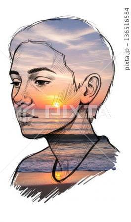 Double Exposure Peaceful Ocean Sunrise Relaxed Portrait 136516584