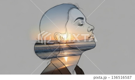 Double Exposure Peaceful Ocean Sunrise Relaxed Portrait Double Exposure Peaceful Ocean Sunrise Relaxed Portrait 136516587