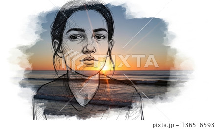 Double Exposure Peaceful Ocean Sunrise Relaxed Portrait 136516593