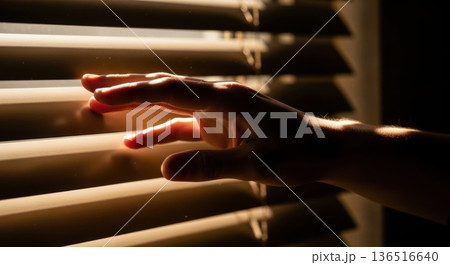 Sunlight Rays Through Blinds Casting Shadows on Dark Wall 136516640