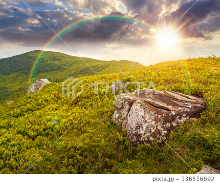 mountain landscape during summer at sunset. alpine meadows on green slopes and hills in evening light. amazing adventure scenery under rainbow. exploration of remote highland location for inspiration 136516692