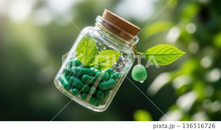 Herbal Medicine Green Capsules in Glass Jar with Fresh Leaves Herbal Medicine Green Capsules in Glass Jar with Fresh Leaves 136516726