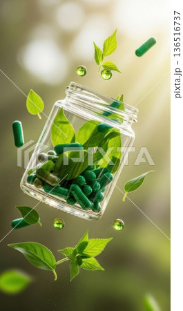 Herbal Medicine Green Capsules in Glass Jar with Fresh Leaves Herbal Medicine Green Capsules in Glass Jar with Fresh Leaves 136516737