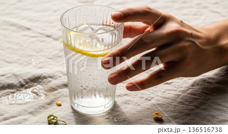 Refreshing Glass of Ice Water Held by Hand on Linen Background Refreshing Glass of Ice Water Held by Hand on Linen Background 136516738