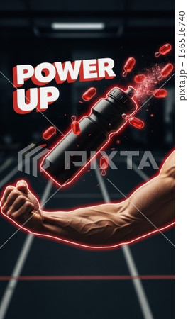 Muscular Arm Reaching for Exploding Red Capsules in Dark Gym Muscular Arm Reaching for Exploding Red Capsules in Dark Gym 136516740