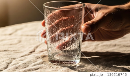 Refreshing Glass of Ice Water Held by Hand on Linen Background Refreshing Glass of Ice Water Held by Hand on Linen Background 136516746