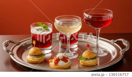 Classic Gin Martinis with Olives on Silver Tray with Palm Shadow Classic Gin Martinis with Olives on Silver Tray with Palm Shadow 136516757