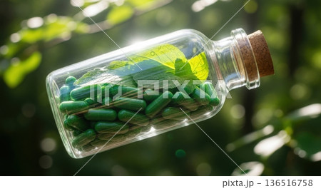 Herbal Medicine Green Capsules in Glass Jar with Fresh Leaves Herbal Medicine Green Capsules in Glass Jar with Fresh Leaves 136516758