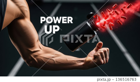Muscular Arm Reaching for Exploding Red Capsules in Dark Gym 136516763