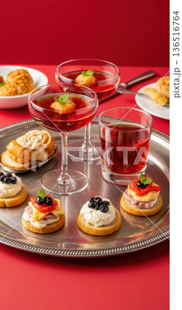 Classic Gin Martinis with Olives on Silver Tray with Palm Shadow 136516764