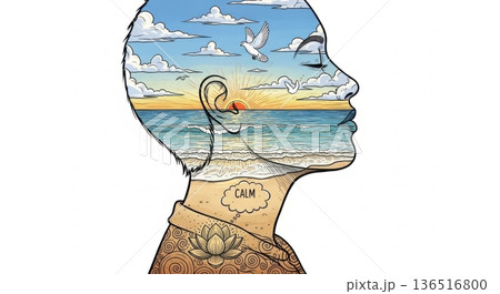 Double Exposure Peaceful Ocean Sunrise Relaxed Portrait Double Exposure Peaceful Ocean Sunrise Relaxed Portrait 136516800